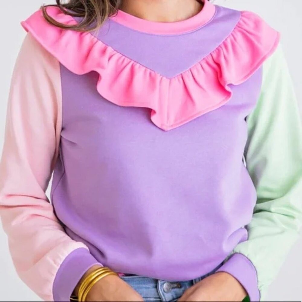 Karlie Purple Pastel Color Block Ruffled Long Sleeve Sweater Top Women's Small